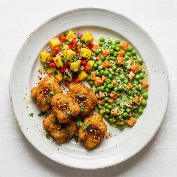 Spicy fish bites  with  creamy peas carrot medley with mango salsa